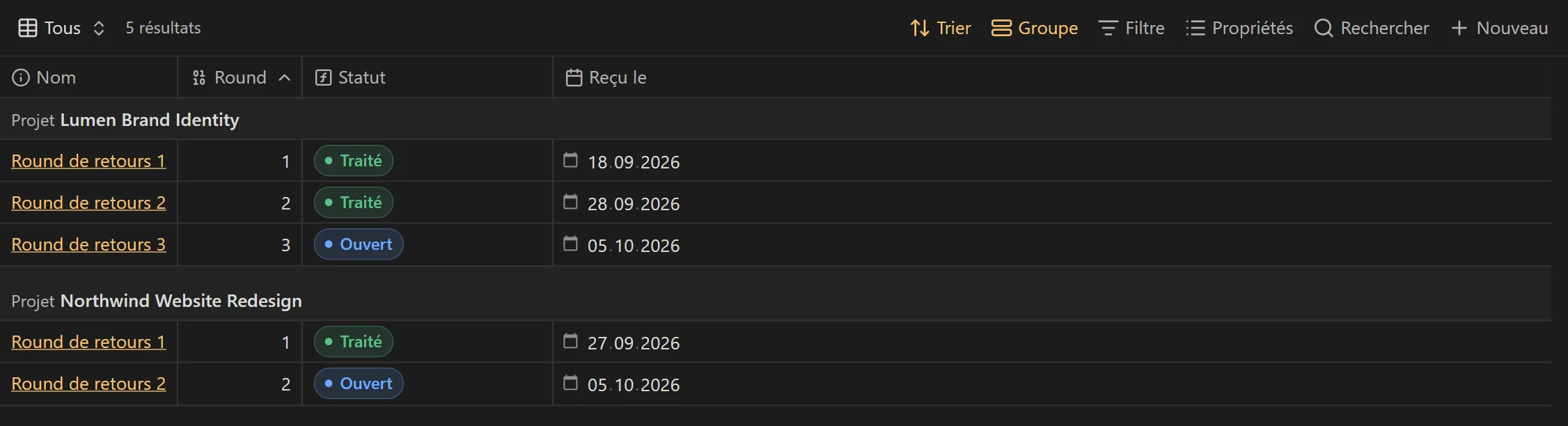La vue Retours regroupe les rounds de retours par projet.