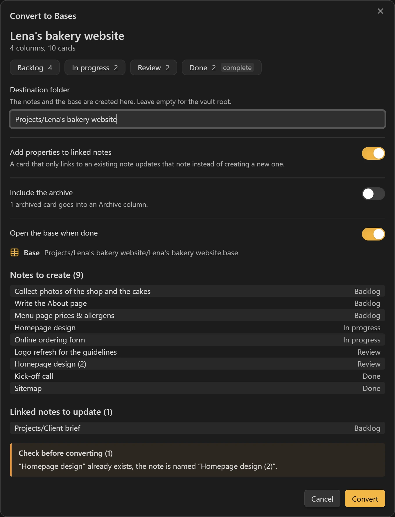 The preview window: columns, notes to create, updated linked note and destination folder.