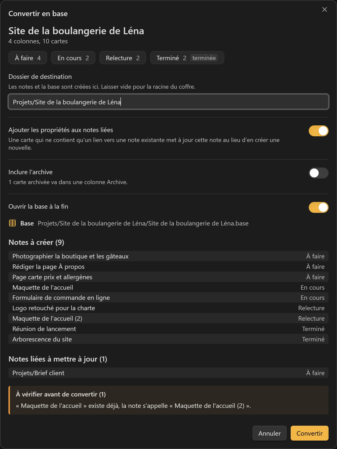 La fenêtre d’aperçu : colonnes, notes à créer, note liée mise à jour et dossier de destination.