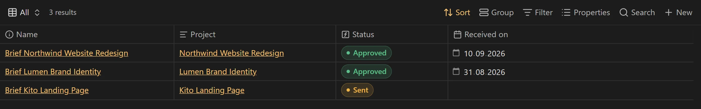 The Briefs view listing each project's brief and its status.