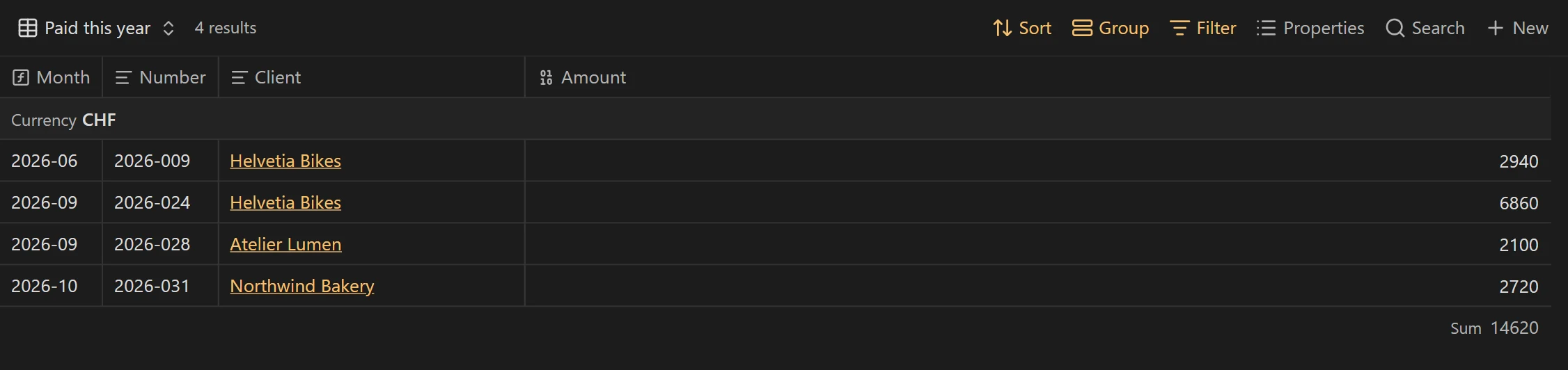 The Invoices view with paid invoices grouped by currency and totals.